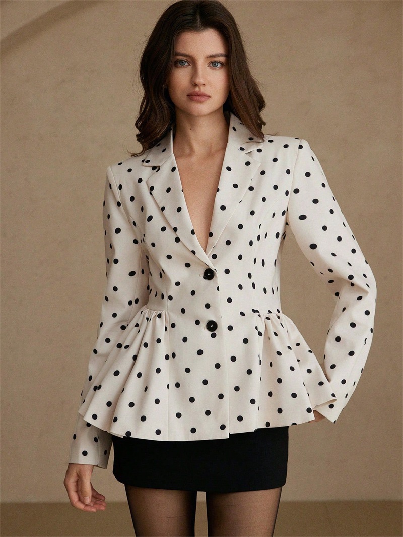 Women Formal Wear Black And White - White Black Dot Women Suit Blazer